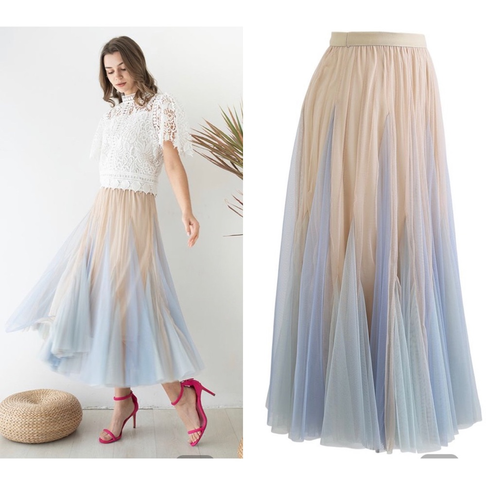 Chicwish Ombre Tulle Maxi Skirt in Beige and Light Blue